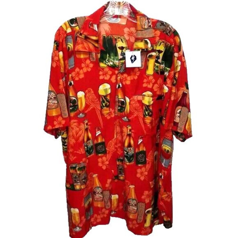 V.H.O. Men's Funky Hawaiian Beer Bottle Graphics Button Short Sleeve Shirt XXL